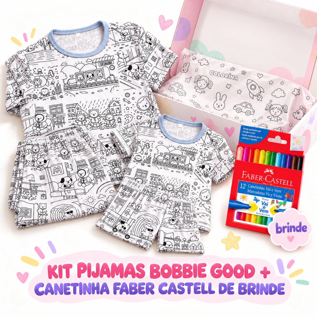 Kit Pijamas Bobbie Goods Oficial para Colorir em Família + 12 Canetinhas Faber Castell de Brinde