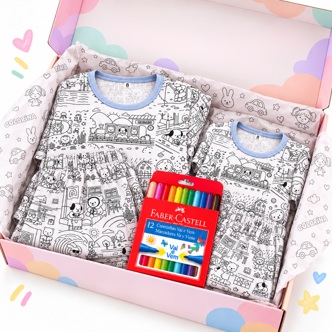 Kit Pijamas Bobbie Goods Oficial para Colorir em Família + 12 Canetinhas Faber Castell de Brinde