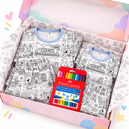 Kit Pijamas Bobbie Goods Oficial para Colorir em Família + 12 Canetinhas Faber Castell de Brinde
