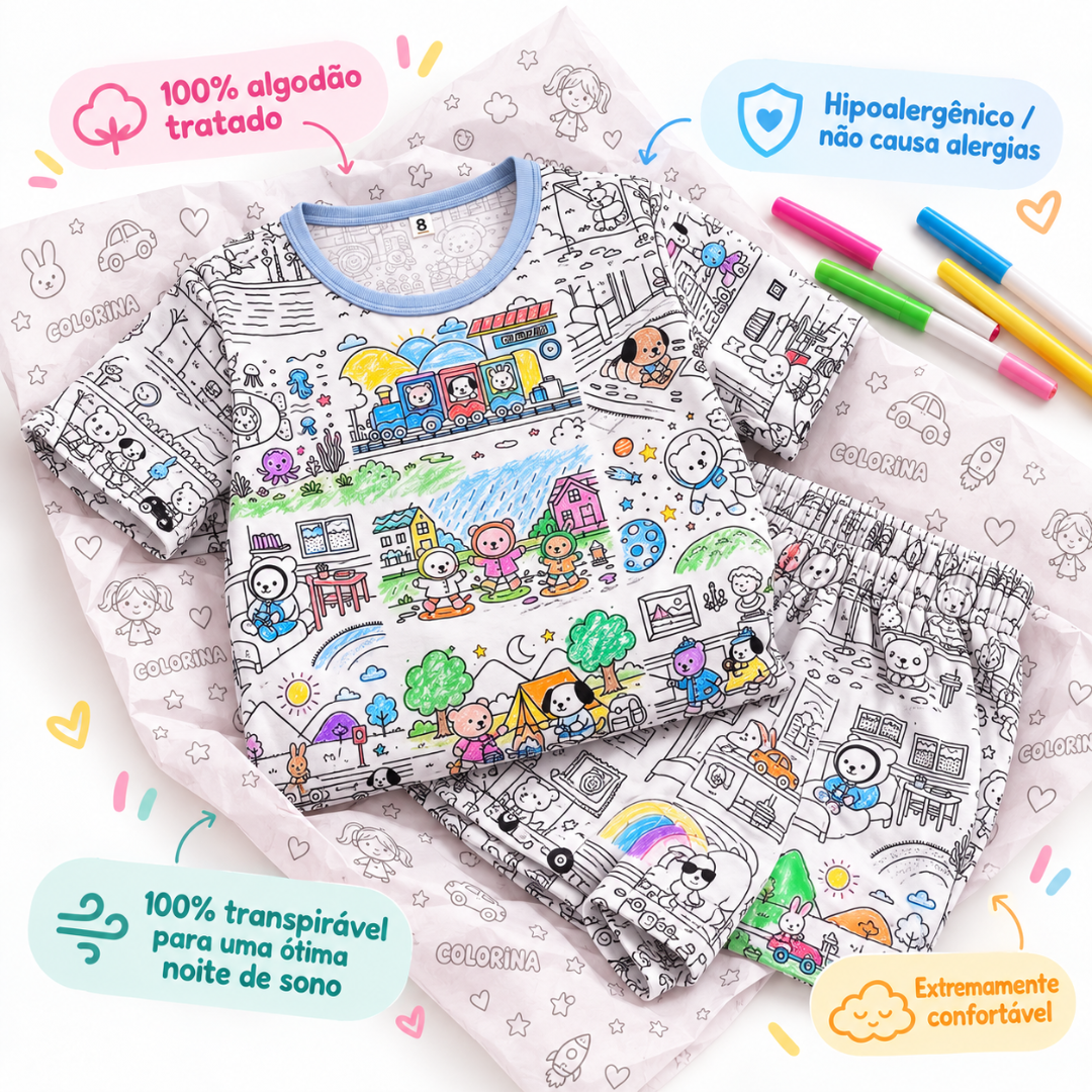 Kit Pijamas Bobbie Goods Oficial para Colorir em Família + 12 Canetinhas Faber Castell de Brinde